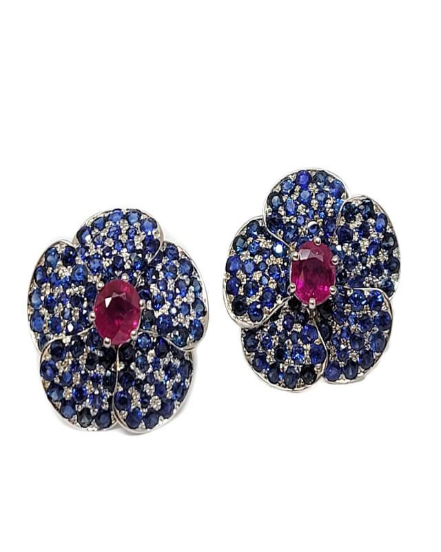18K White Gold Blue Sapphire and Ruby Earrings